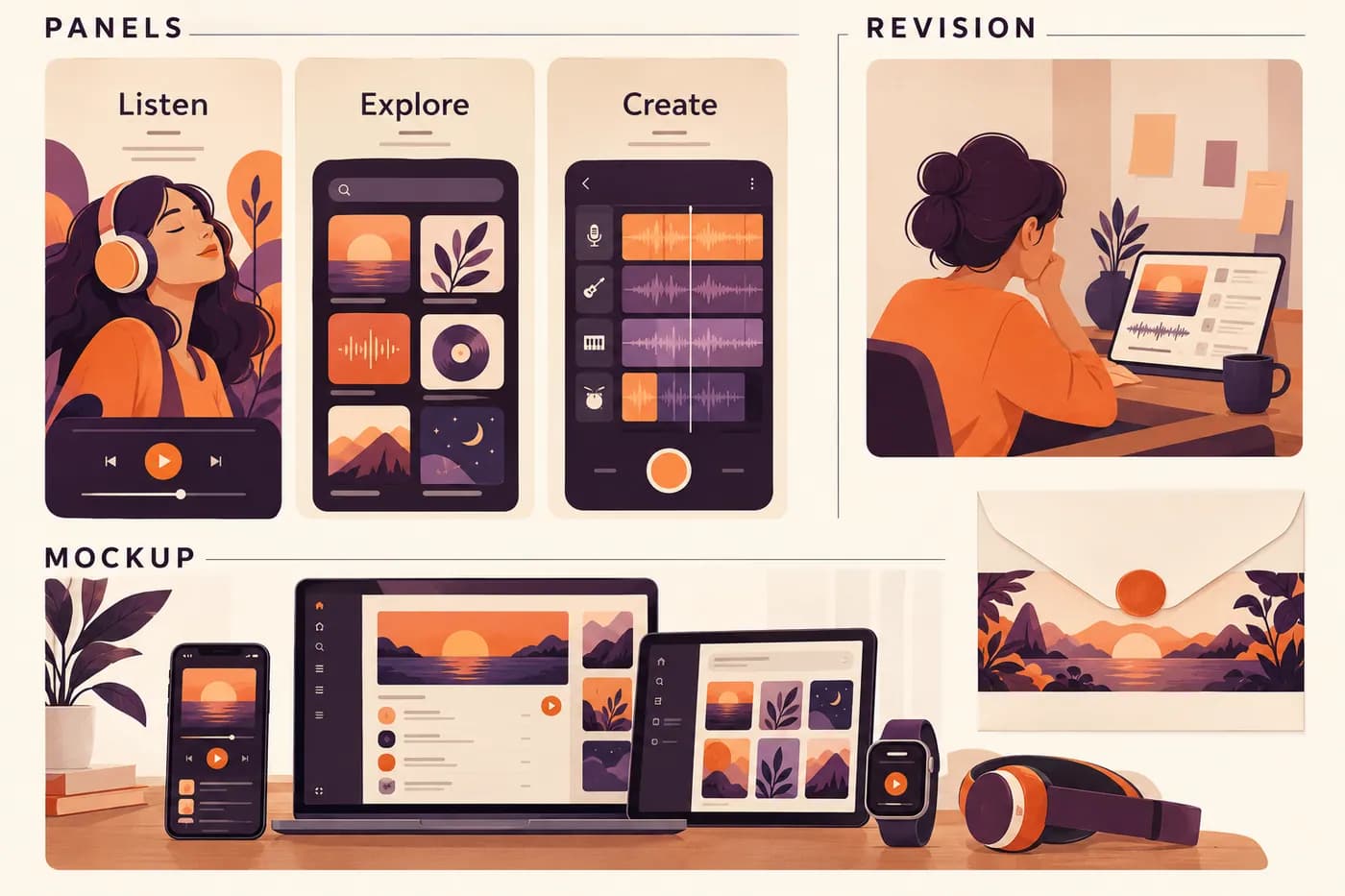Music-app deliverables distinguish panels, a multi-part mockup and a correction.