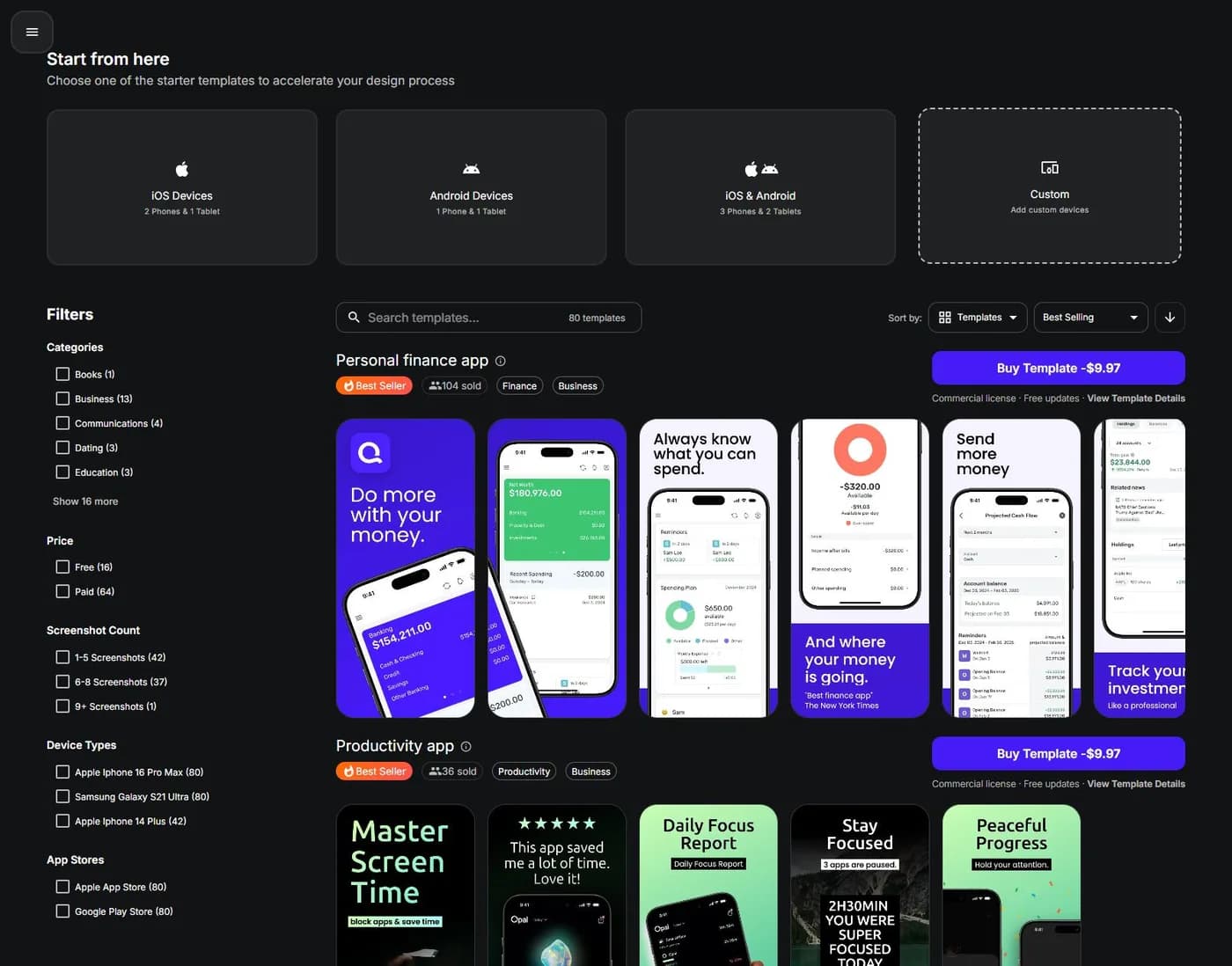 AppMockUp Studio's public catalog with separate Free and Paid filters and visible paid template cards.