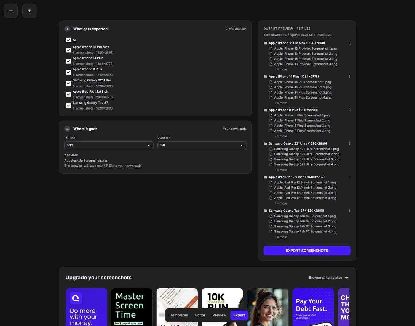 The AppMockUp export panel showing selected devices, dimensions, PNG quality and a preview of the ZIP contents.