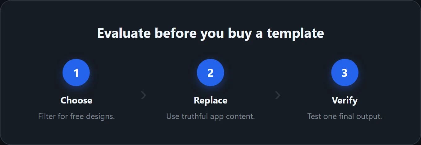 A three-step evaluation card: choose a free template, replace placeholders, then verify one output.