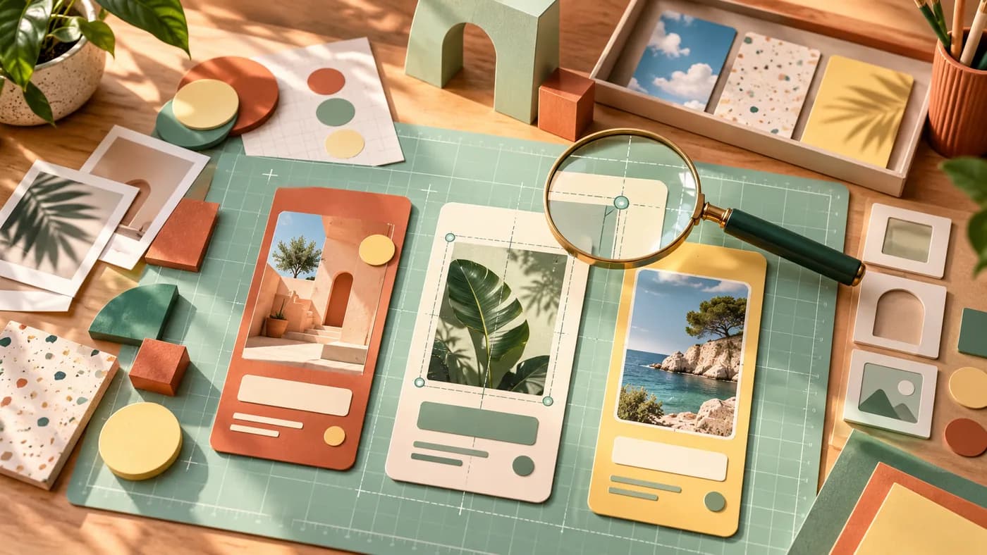 Conceptual editorial illustration of inspecting and arranging screenshot designs on a creative workbench.