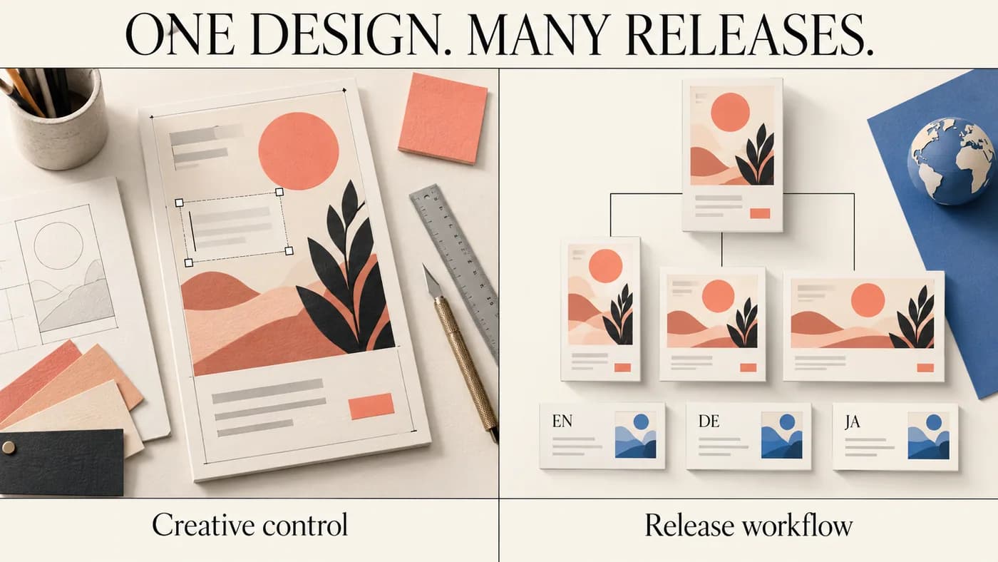 Editorial illustration of a custom design canvas versus a release workflow that branches into device sizes and languages.