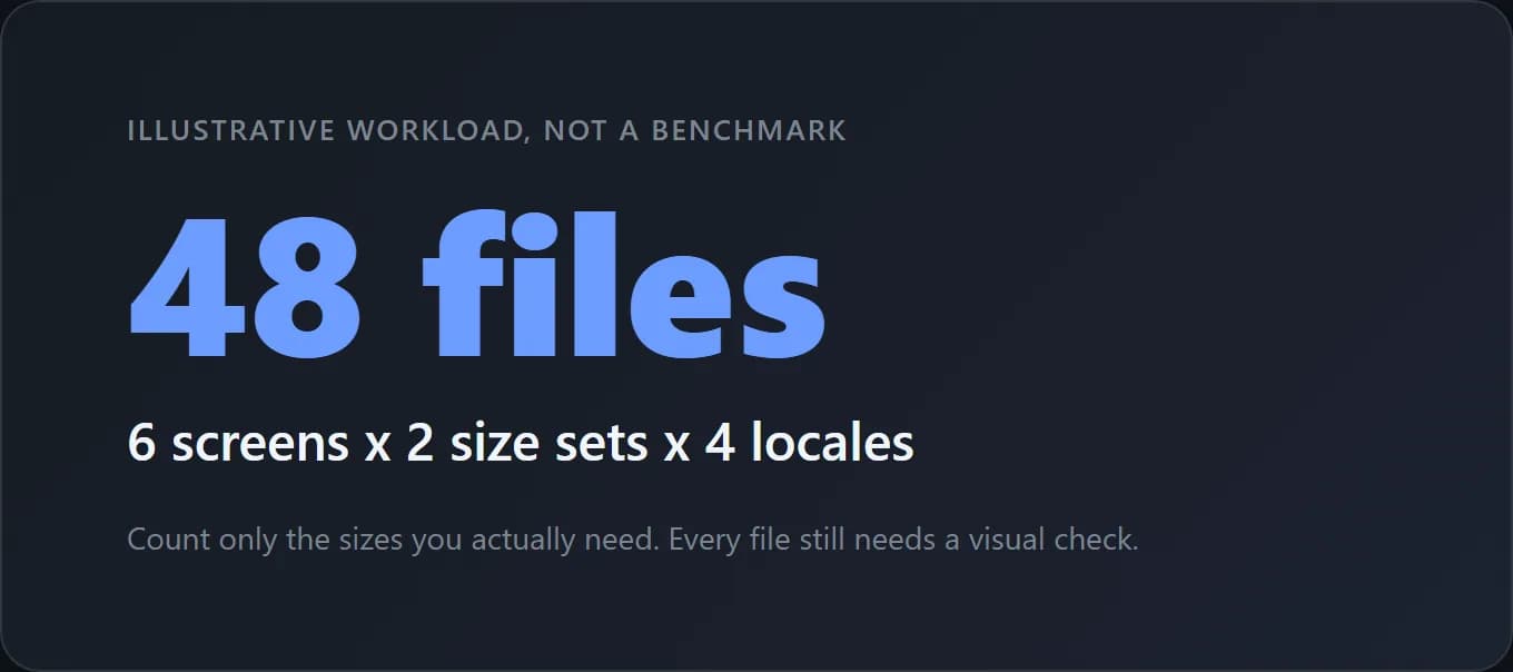 Illustrative workload: six screens times two size sets times four locales equals 48 files to check.