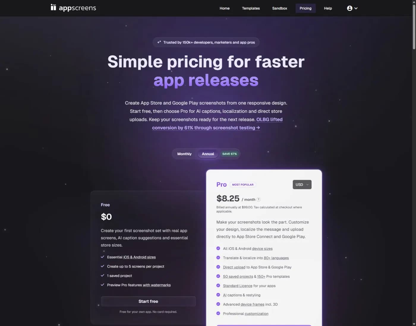 AppScreens public pricing page showing the annual Pro price and current language and saved-project allowances.