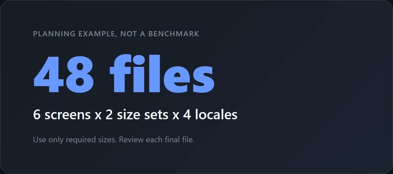 Illustrative workload: six screens times two required size sets times four locales equals 48 files.
