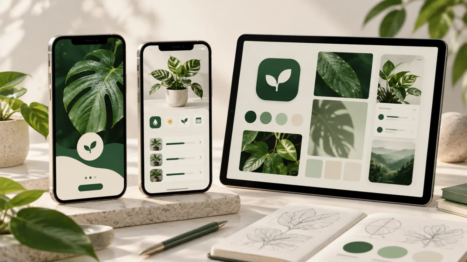 Conceptual plant app screenshot design board, not an AppScreenStudio editor capture