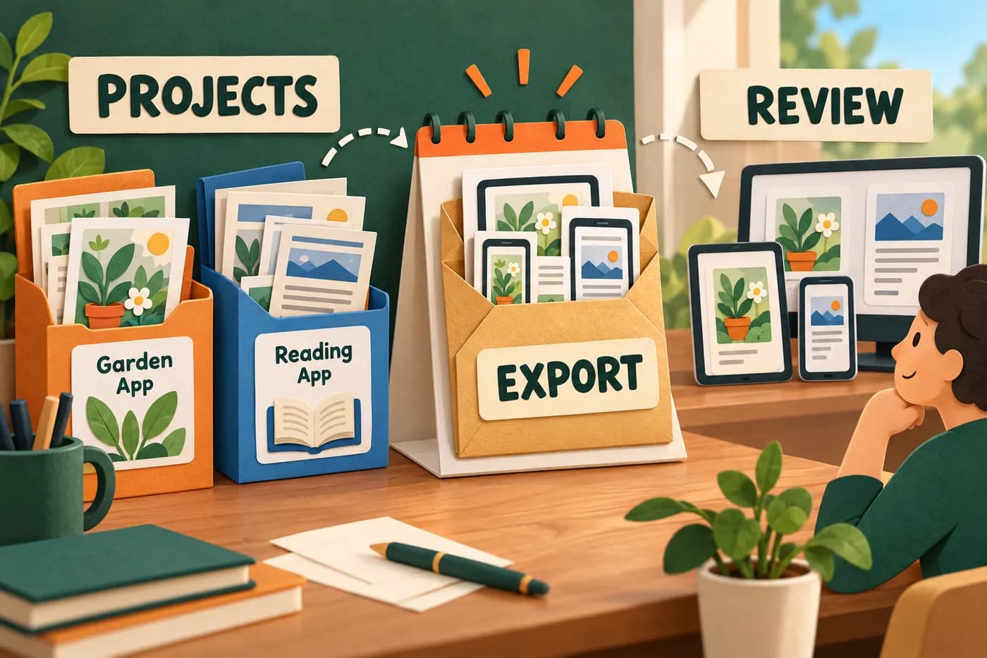 Conceptual release queue separates saved projects from an export package containing several device sizes.
