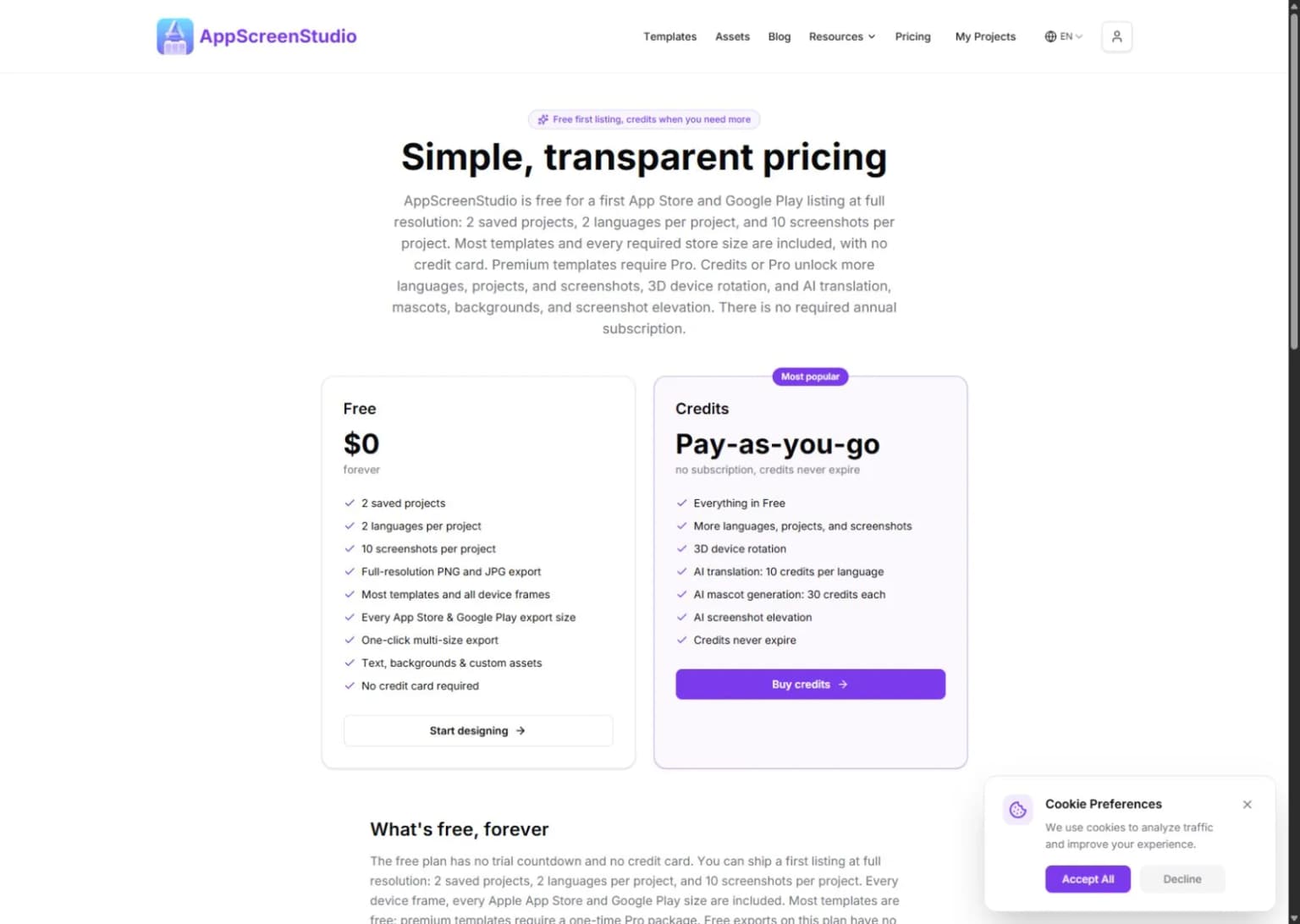 AppScreenStudio public pricing page with free project and export allowances