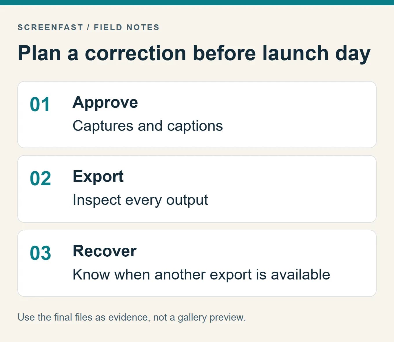 Plan a correction before launch day. Use the final files as evidence, not a gallery preview.