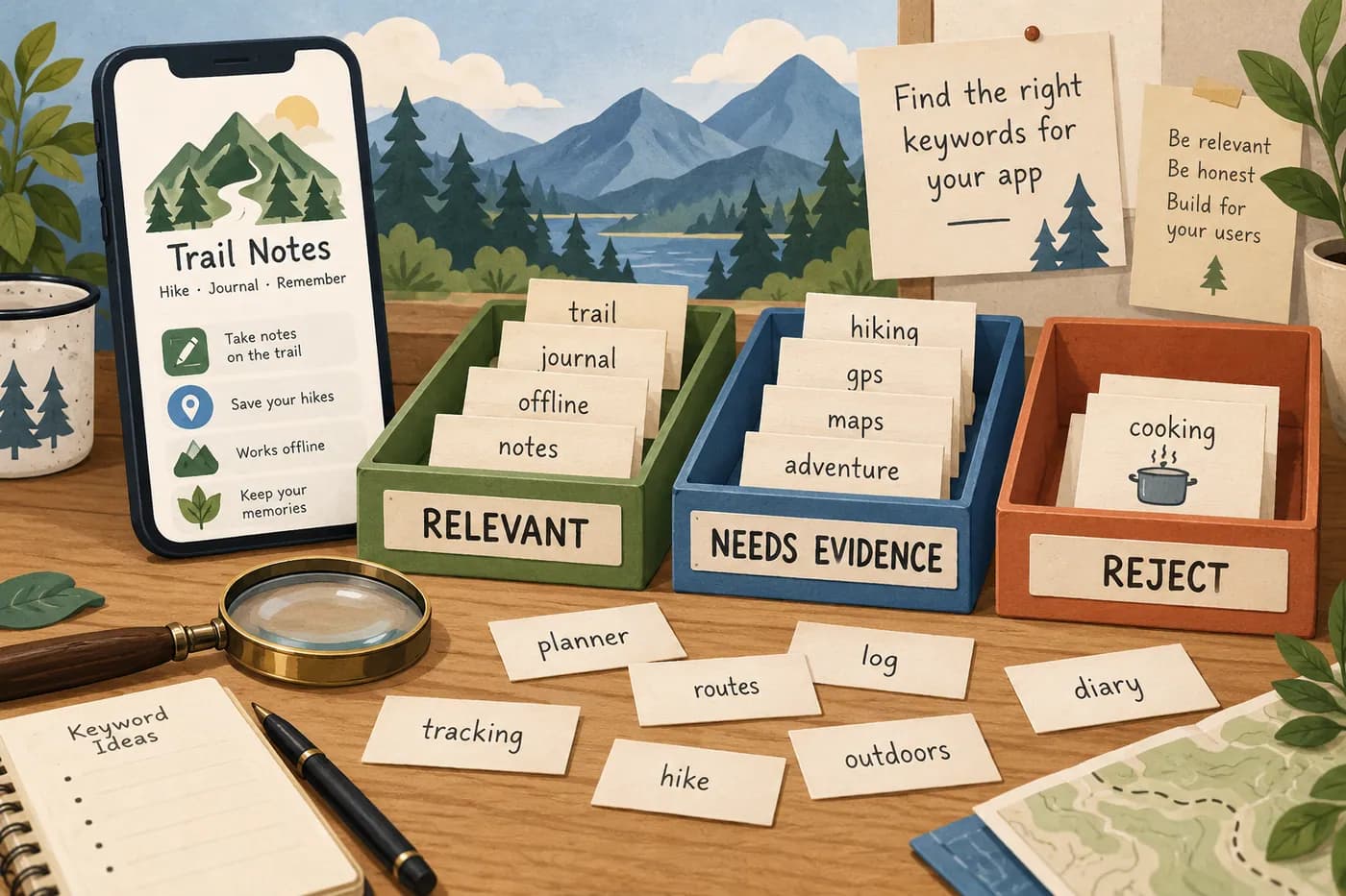 Keyword cards for a fictional hiking journal sorted by relevance and evidence instead of a promised ranking score.