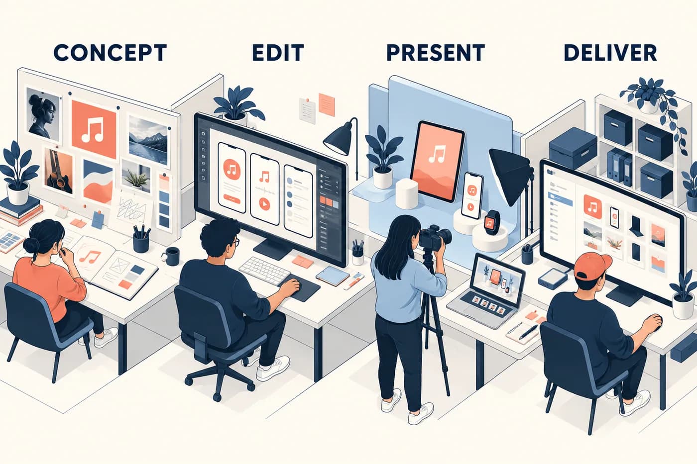 Four fictional production workstations distinguish concept generation, editing, 3D presentation and delivery.