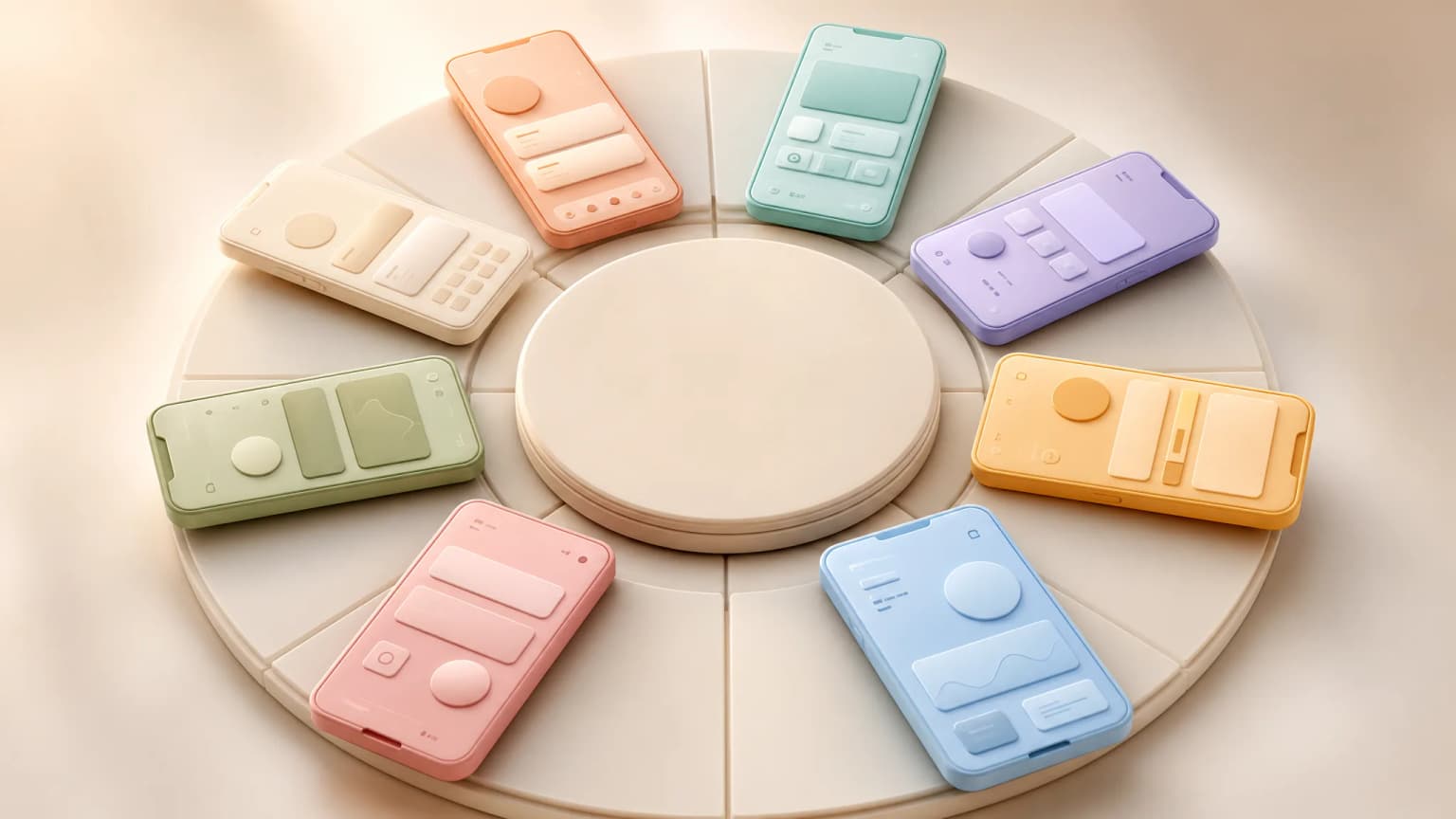 Editorial 3D render of stylized app screenshot tiles arranged around a cream pedestal.