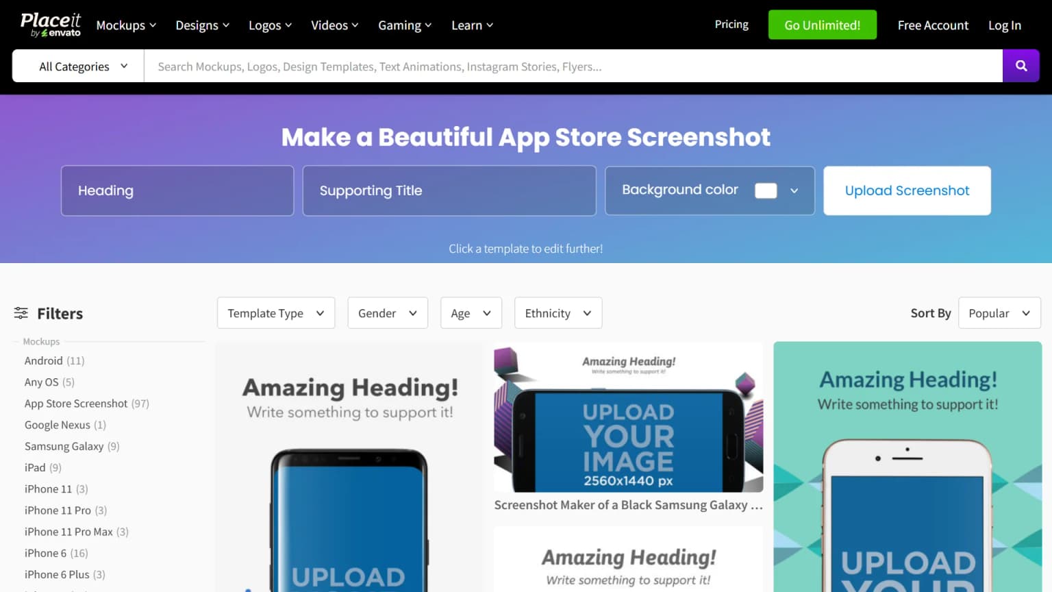 Placeit by Envato homepage with mockup template library.