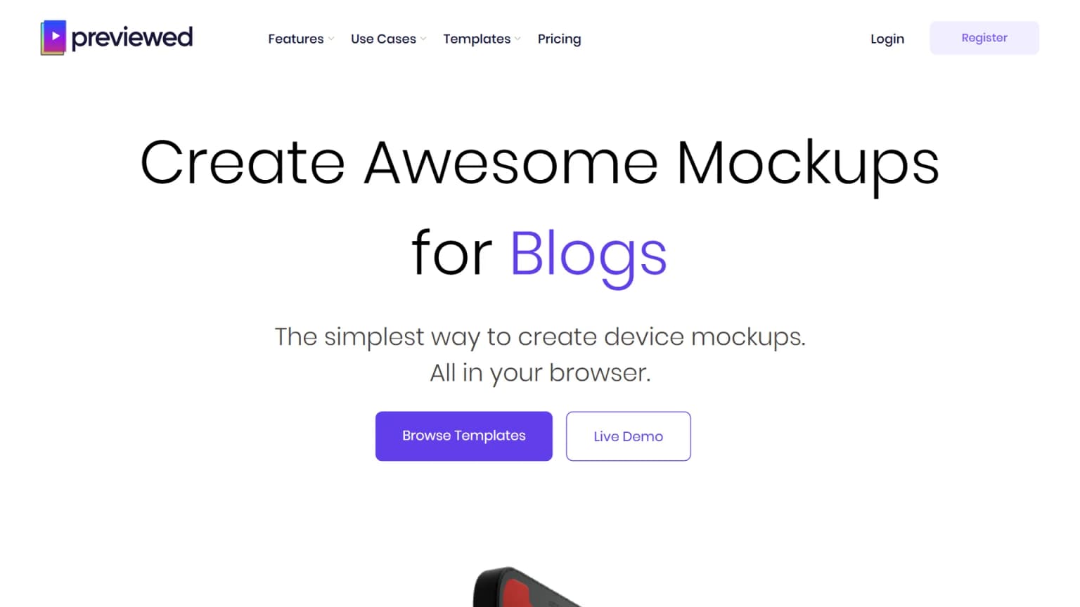 Previewed.app homepage with the headline Create Awesome Mockups for Blogs and a Browse Templates CTA.