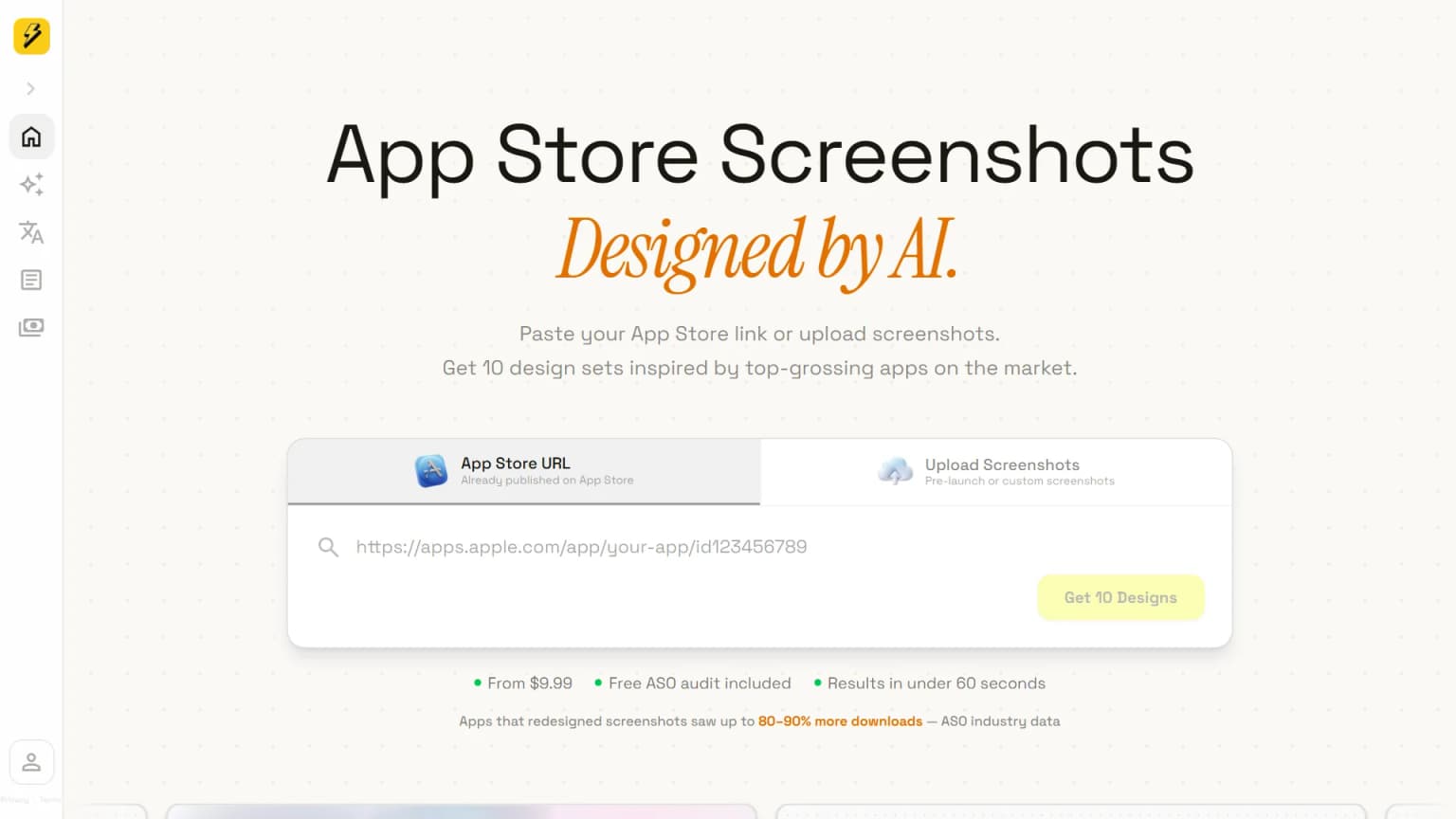 ScreenFast App Store screenshot generator homepage with the headline Stunning App Store screenshots without the design work.