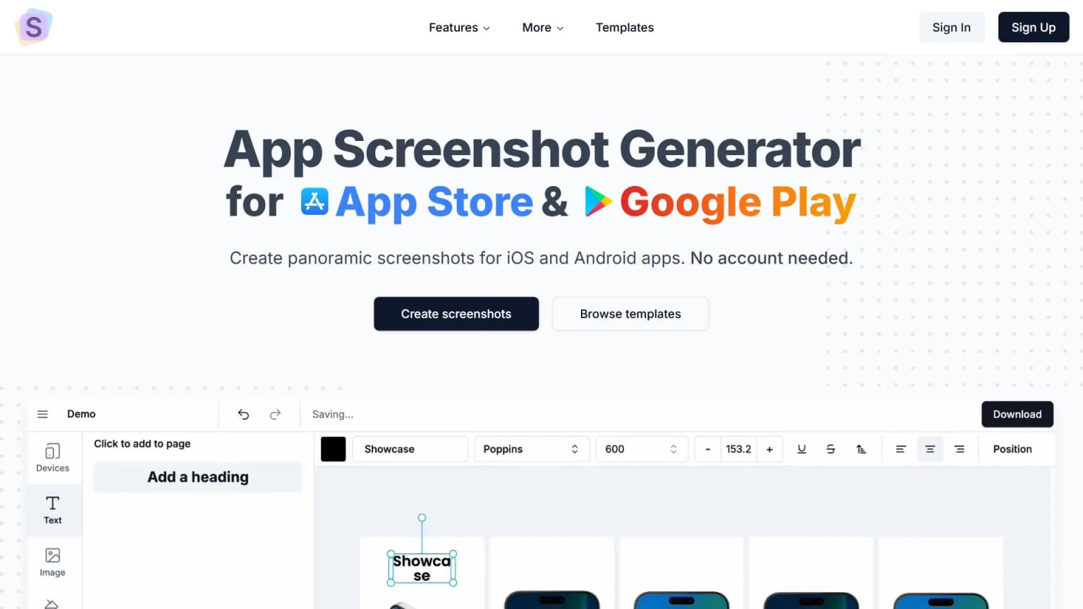 Screenshots Pro homepage with template-driven screenshot generator and API access.