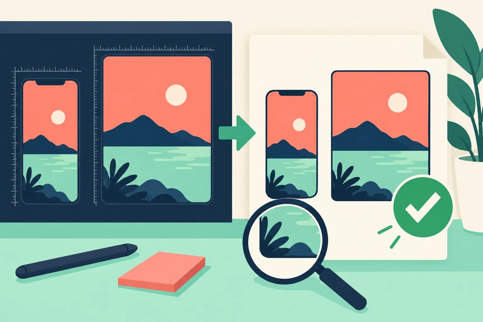 Illustrative export inspection of opaque iPhone and iPad screenshot files at different canvas sizes.