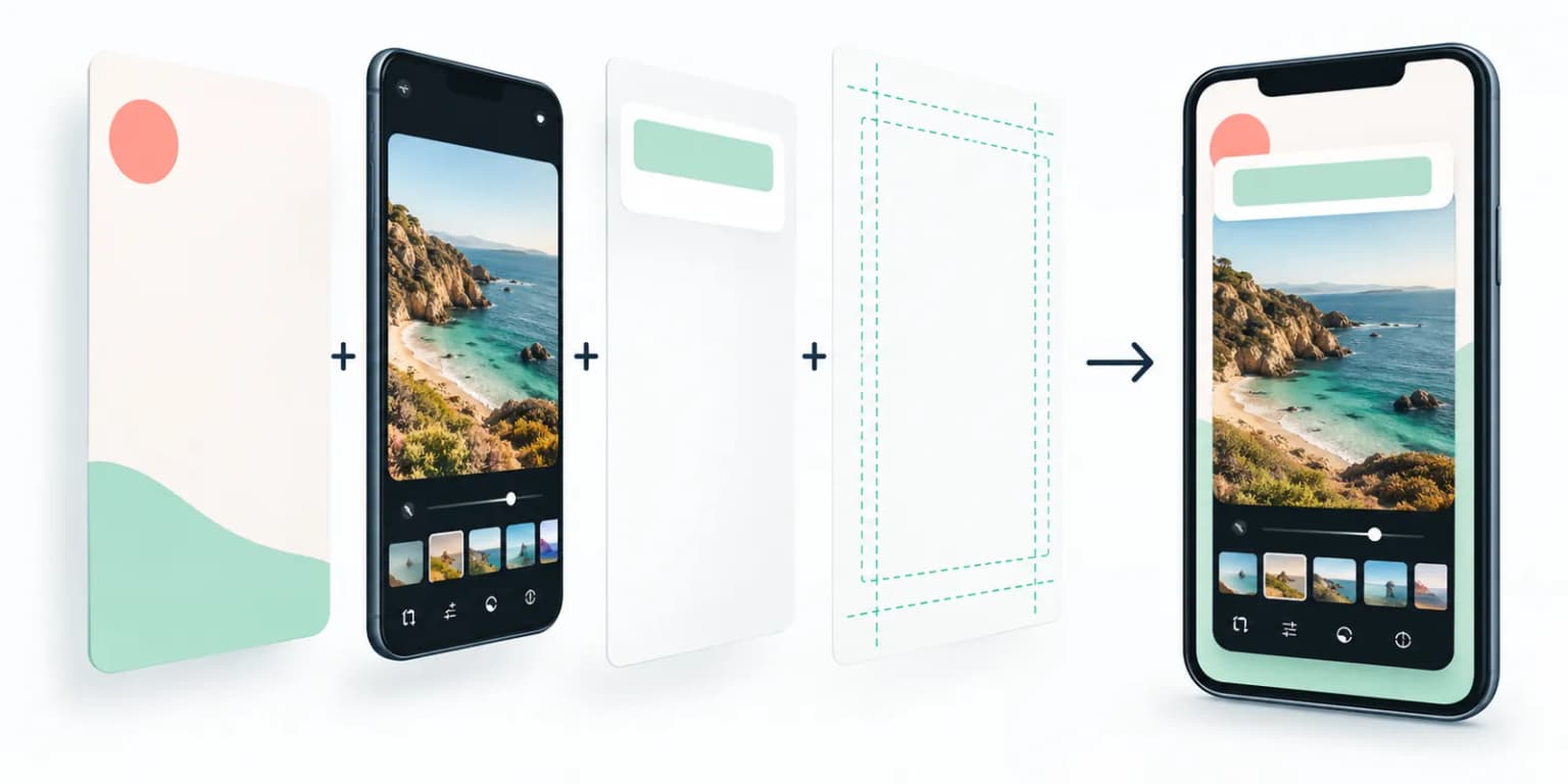 Exploded editorial illustration of background, genuine app capture, caption area, safe margins and final screenshot.