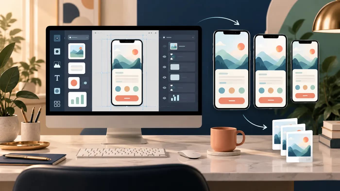 Illustrated screenshot design workspace with exported App Store images.