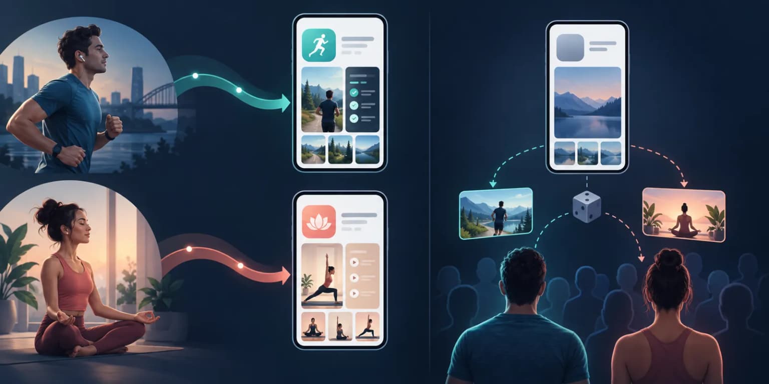 Fictional running and yoga audiences reaching distinct app pages, separate from a default-page test.