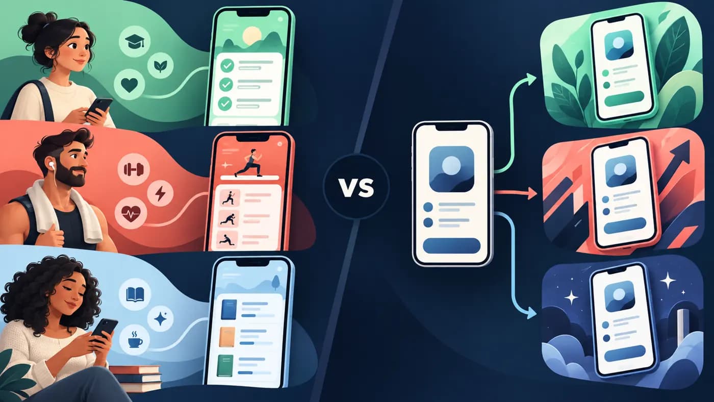 Editorial illustration of audience-specific App Store pages beside default-page test variants.