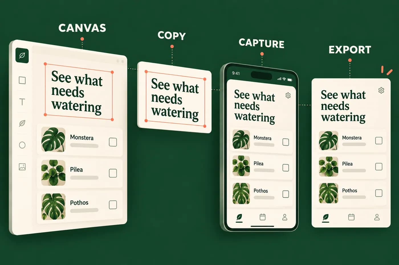 A fictional template separates canvas, caption, app capture and final export.