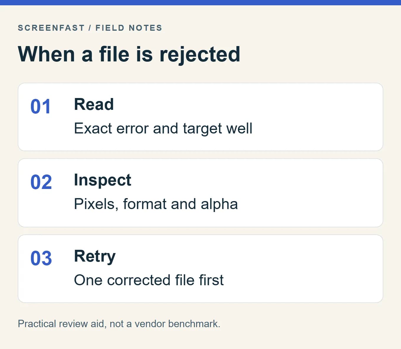 When a file is rejected. Practical review aid, not a vendor benchmark.