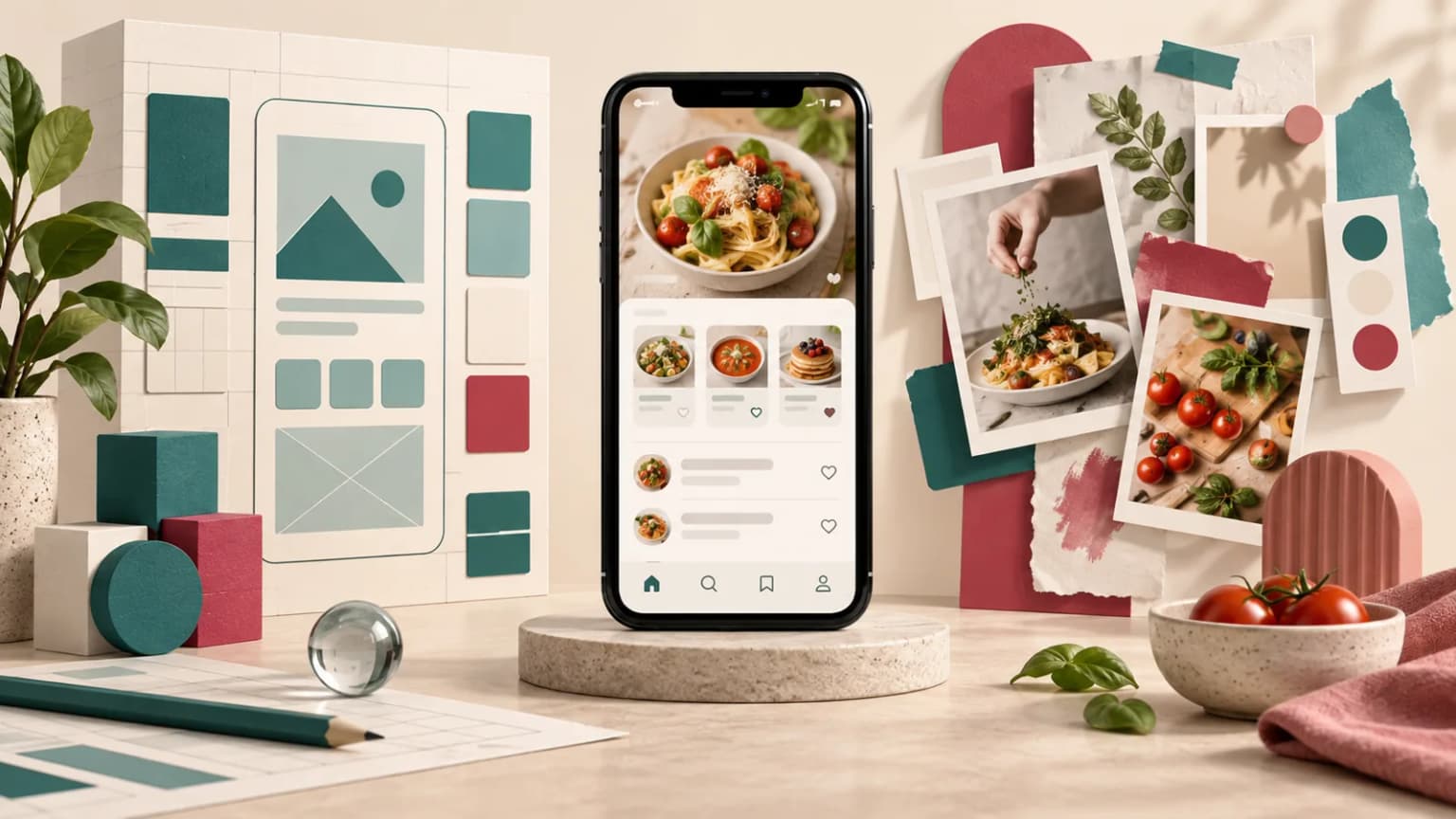 Conceptual recipe app design system beside a page-based marketing layout