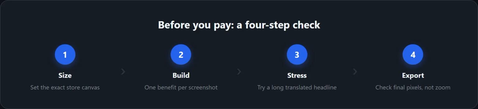 Four checks for canvas size, message, long text and final export