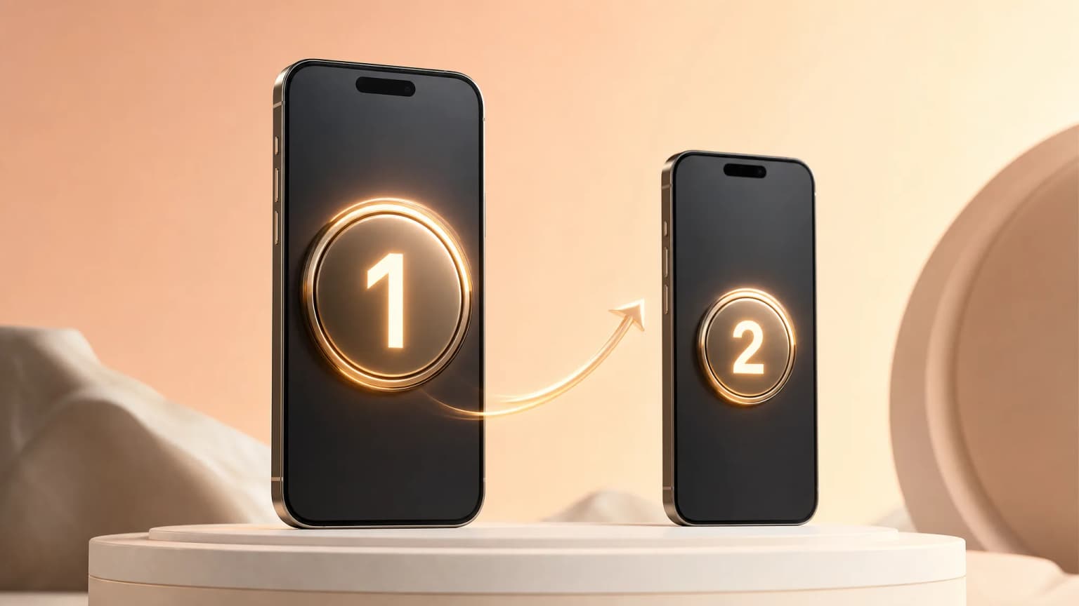 Editorial 3D render of two iPhones side by side, the larger one with a glowing #1 badge, the smaller one with a #2 badge, an arrow flowing between them.