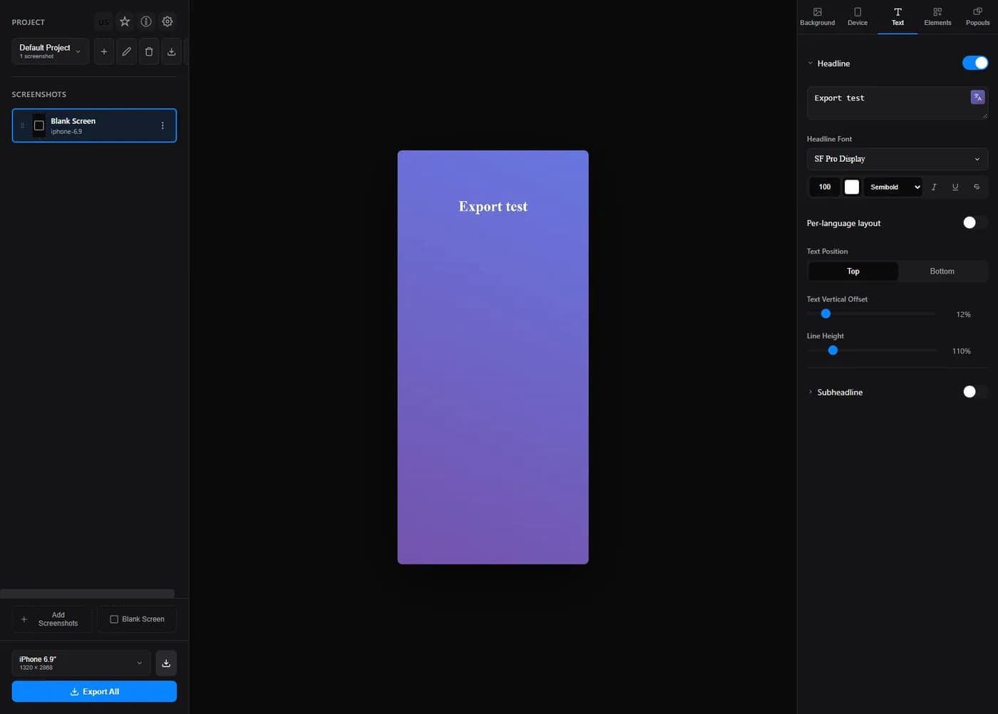 YuzuHub appscreen editor with a blank test canvas and an Export test headline; no real app or completed listing is shown.