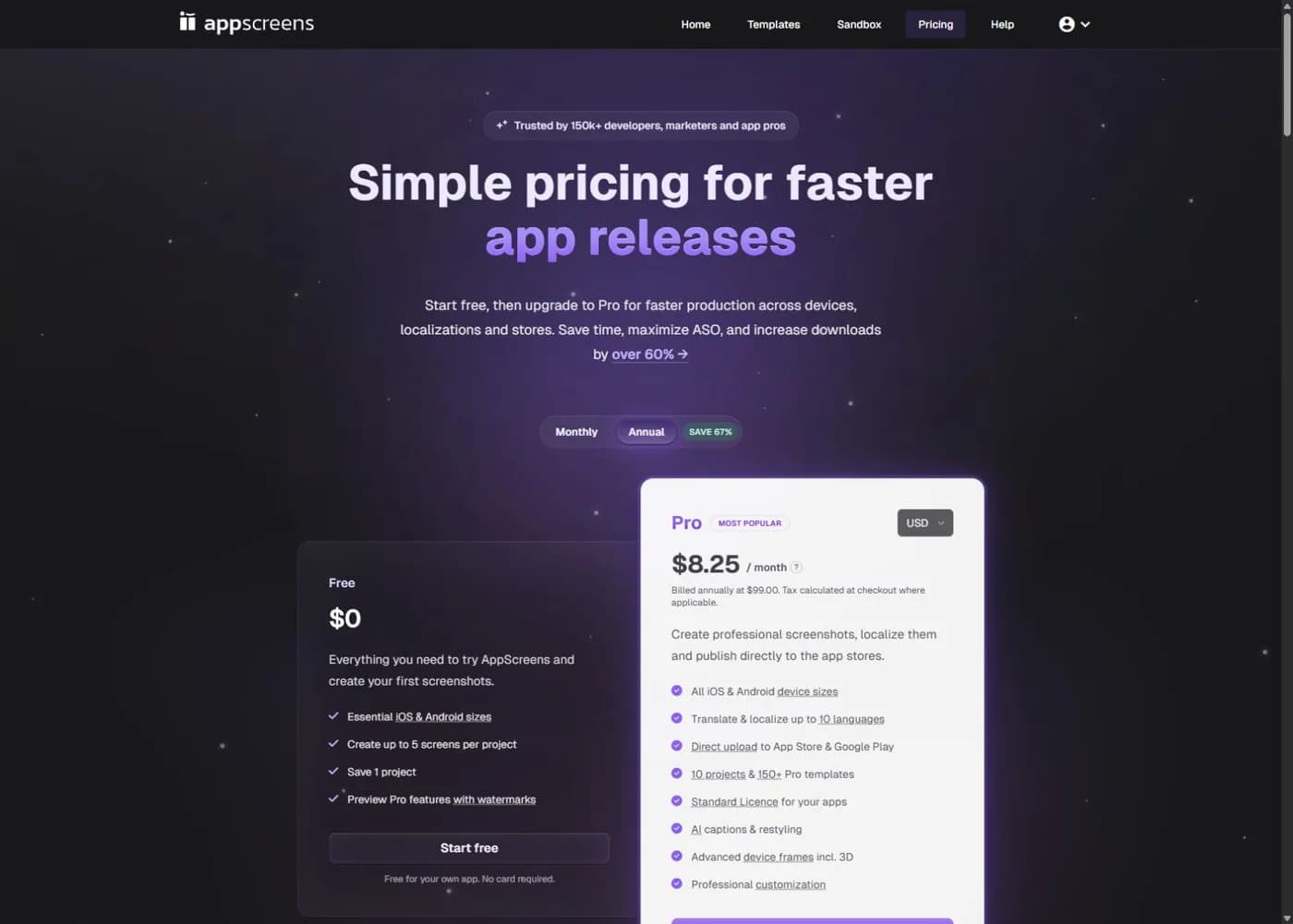 AppScreens public pricing page showing the Free and annual Pro offers, captured October 8, 2026.