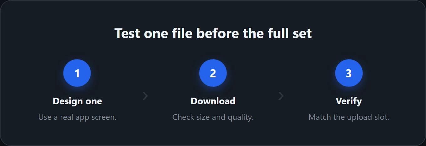 Three-step export preflight: design one real app screen, download it, then verify the file against the upload slot.
