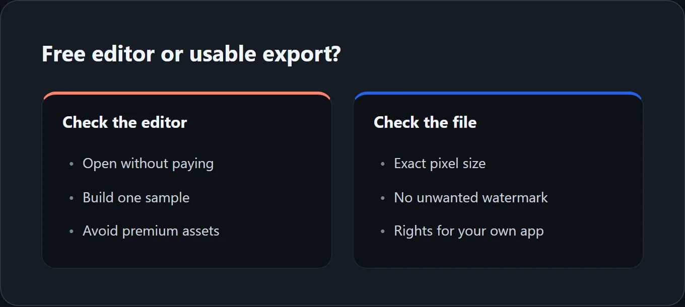 Comparison of free editing checks and usable export checks: access, sample, assets, pixel size, watermark and rights.