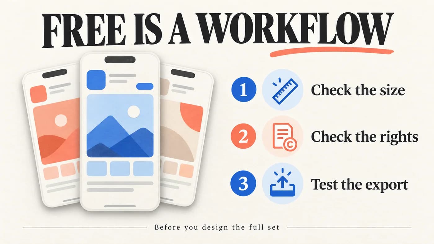 Free is a workflow: check the size, check the rights and test the export before designing the full set.