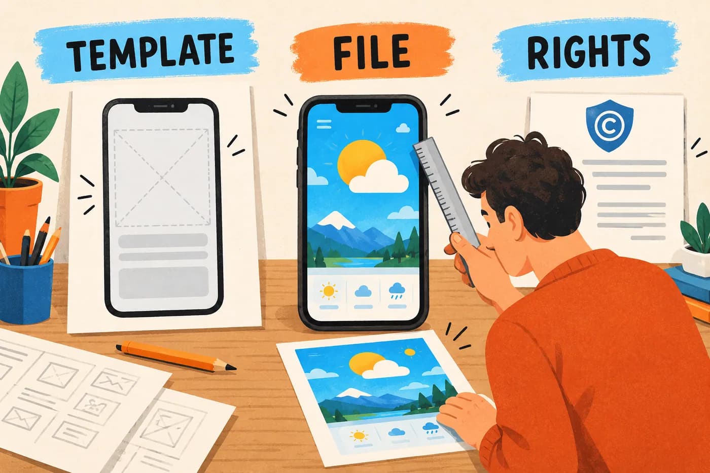 Conceptual template workflow separates the design, exported-file inspection and usage-rights check.