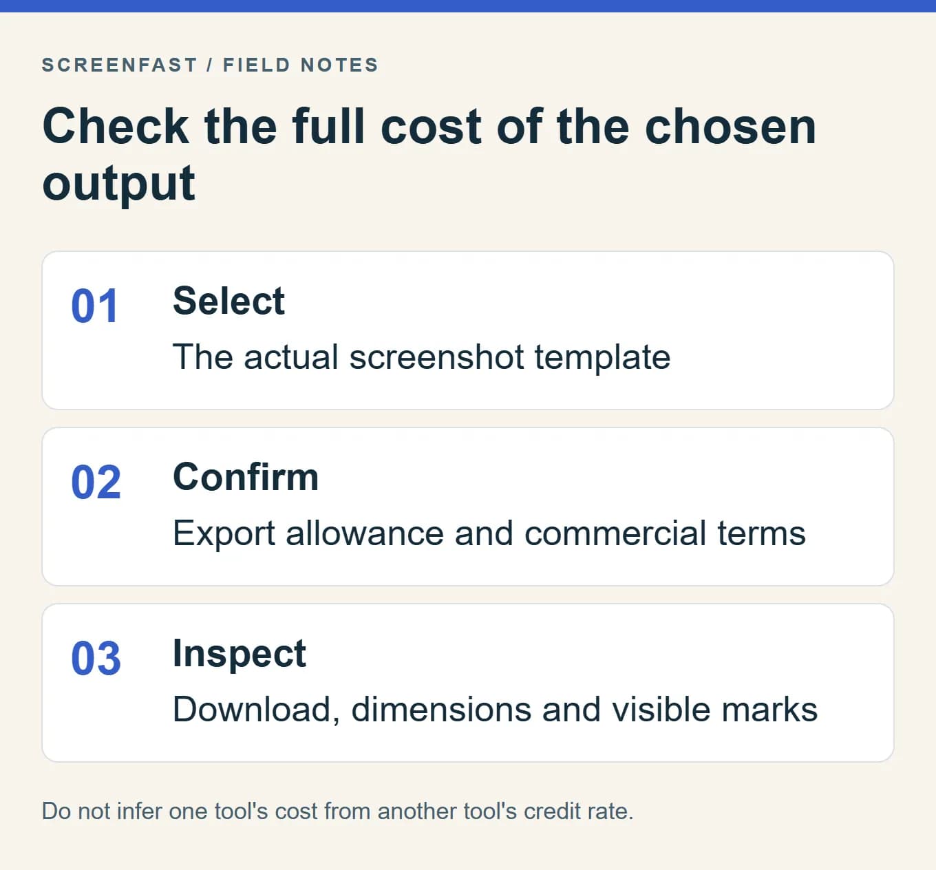 Check the full cost of the chosen output. Do not infer one tool's cost from another tool's credit rate.