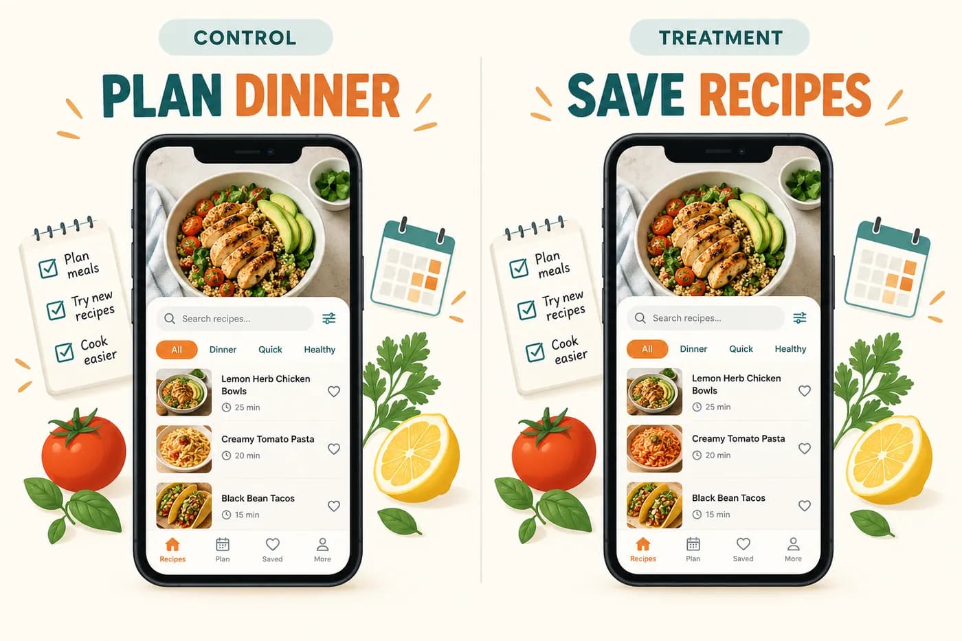 A fictional recipe-app test changes only the screenshot headline while keeping the layout and artwork constant.