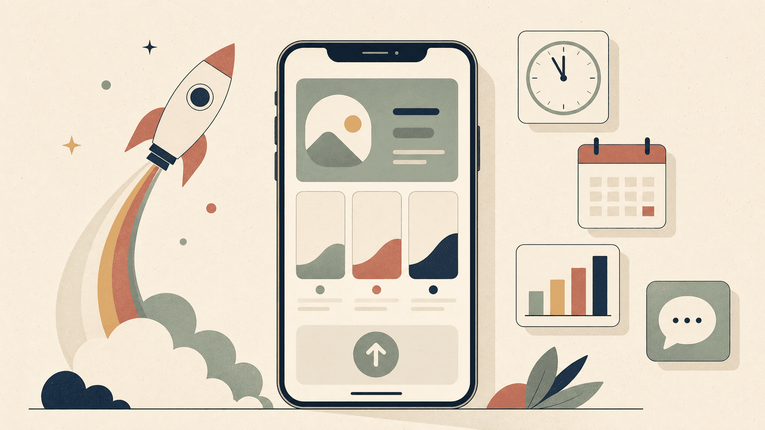 Editorial illustration of launching an iOS app on Product Hunt