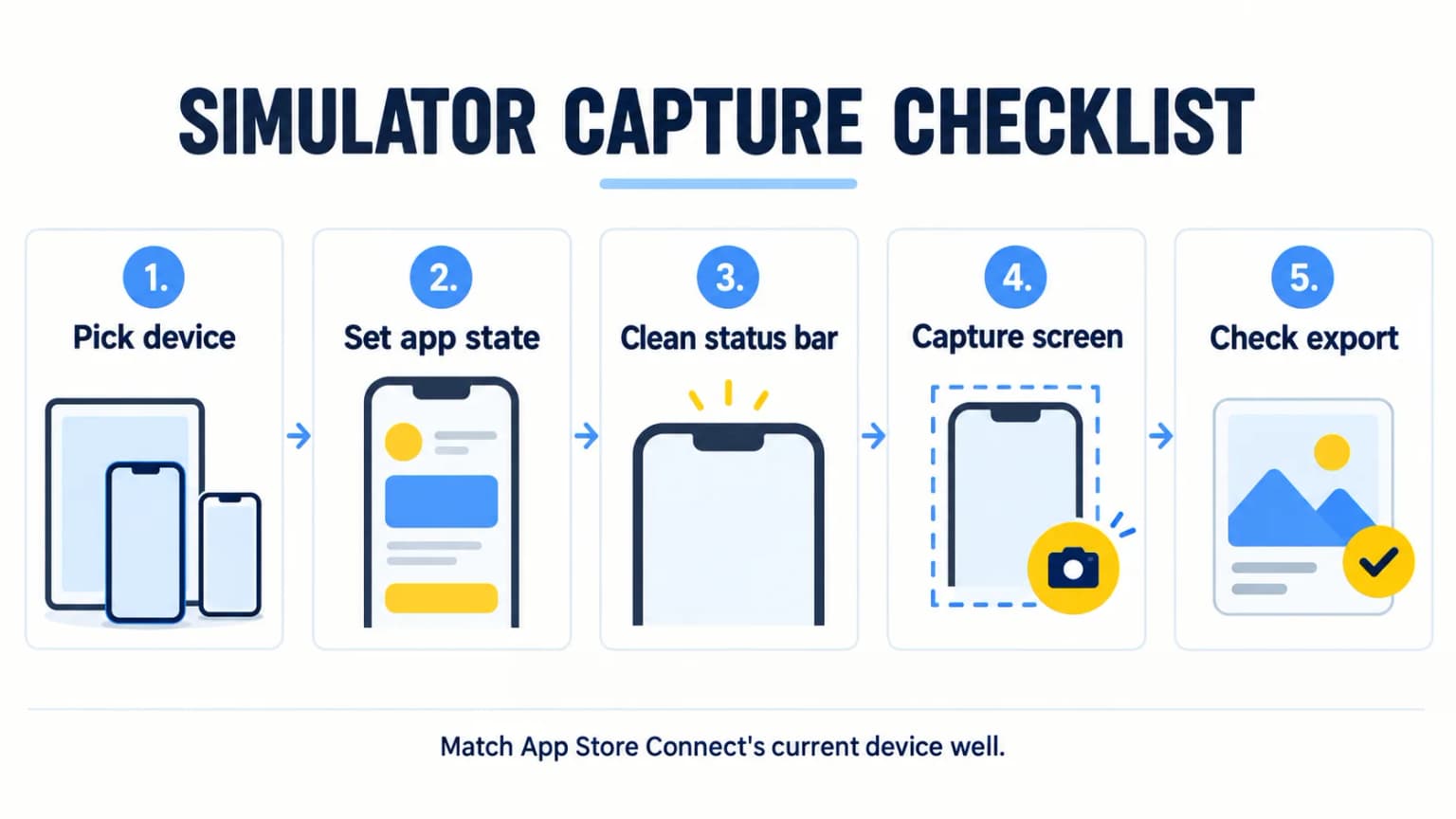 Five-step Simulator capture checklist: device, app state, status bar, capture and export