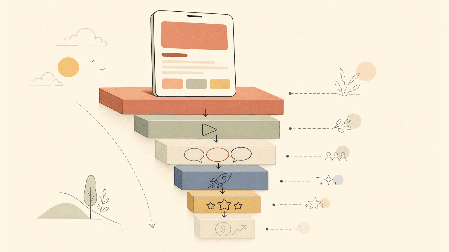 Indie iOS app marketing channels ranked on a calm editorial illustration