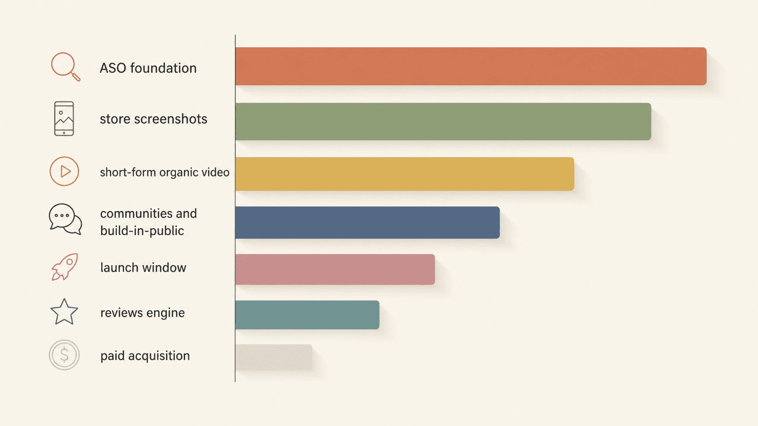 Bar chart ranking indie iOS marketing channels by near-zero-budget ROI, ASO highest and paid lowest