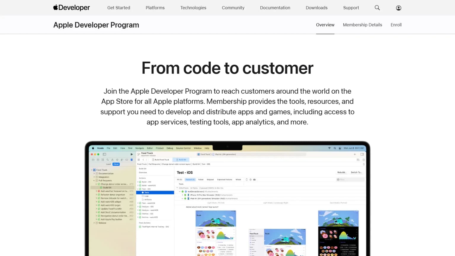 Apple Developer Program enrollment landing page with the headline From code to customer.