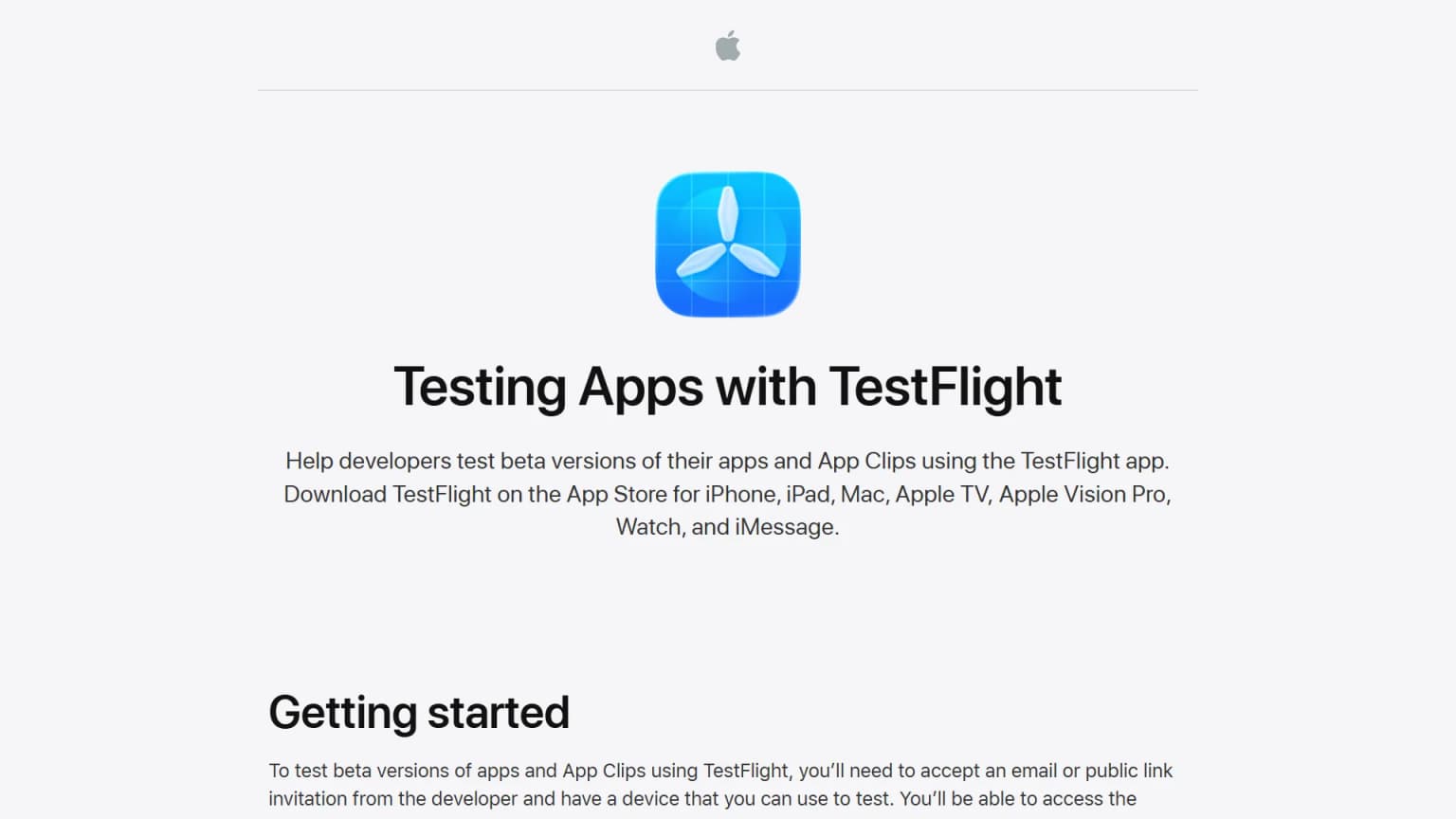 Apple TestFlight landing page with the TestFlight app icon and the heading Testing Apps with TestFlight.