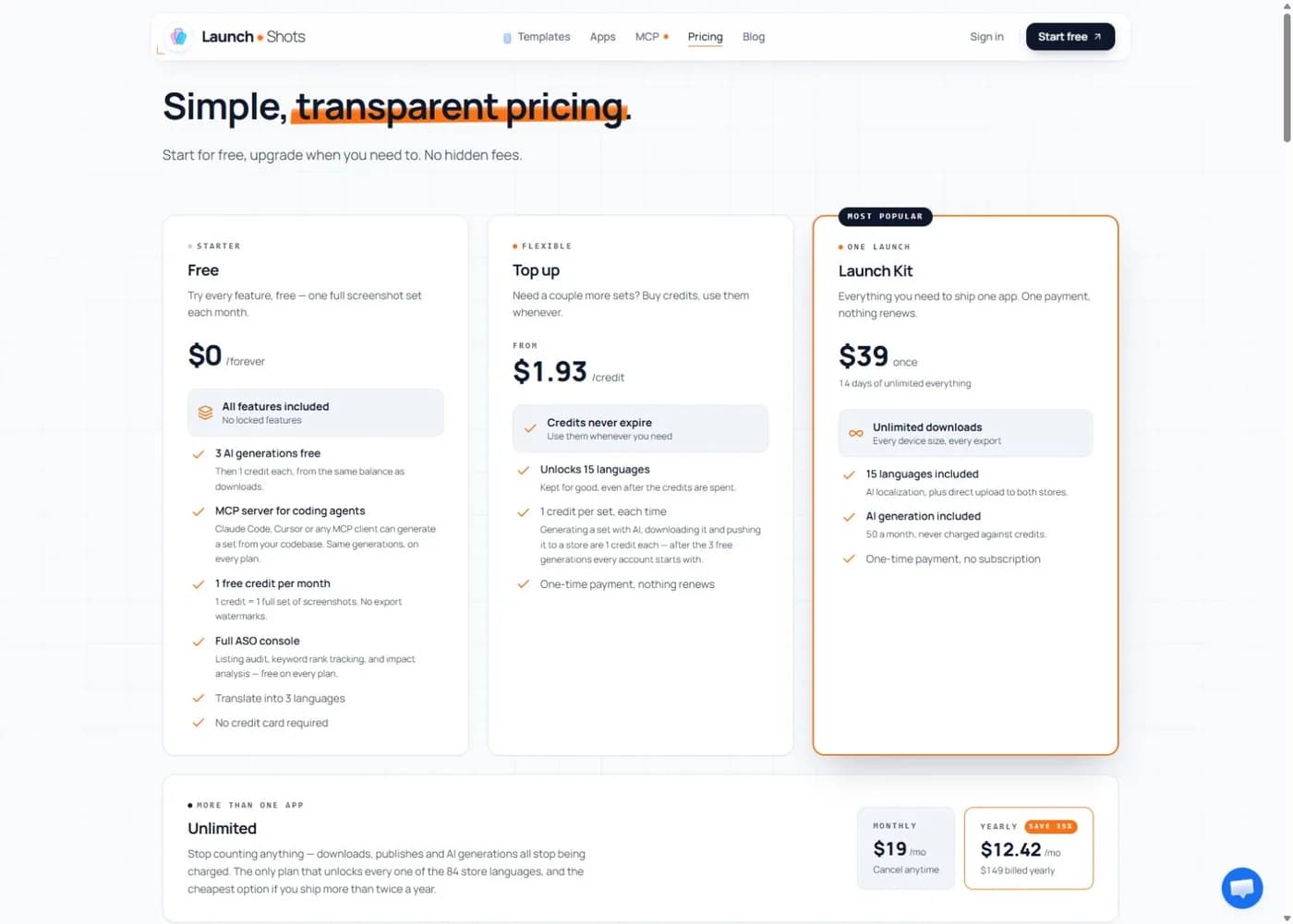 Launch Shots public pricing page, captured October 8, 2026.