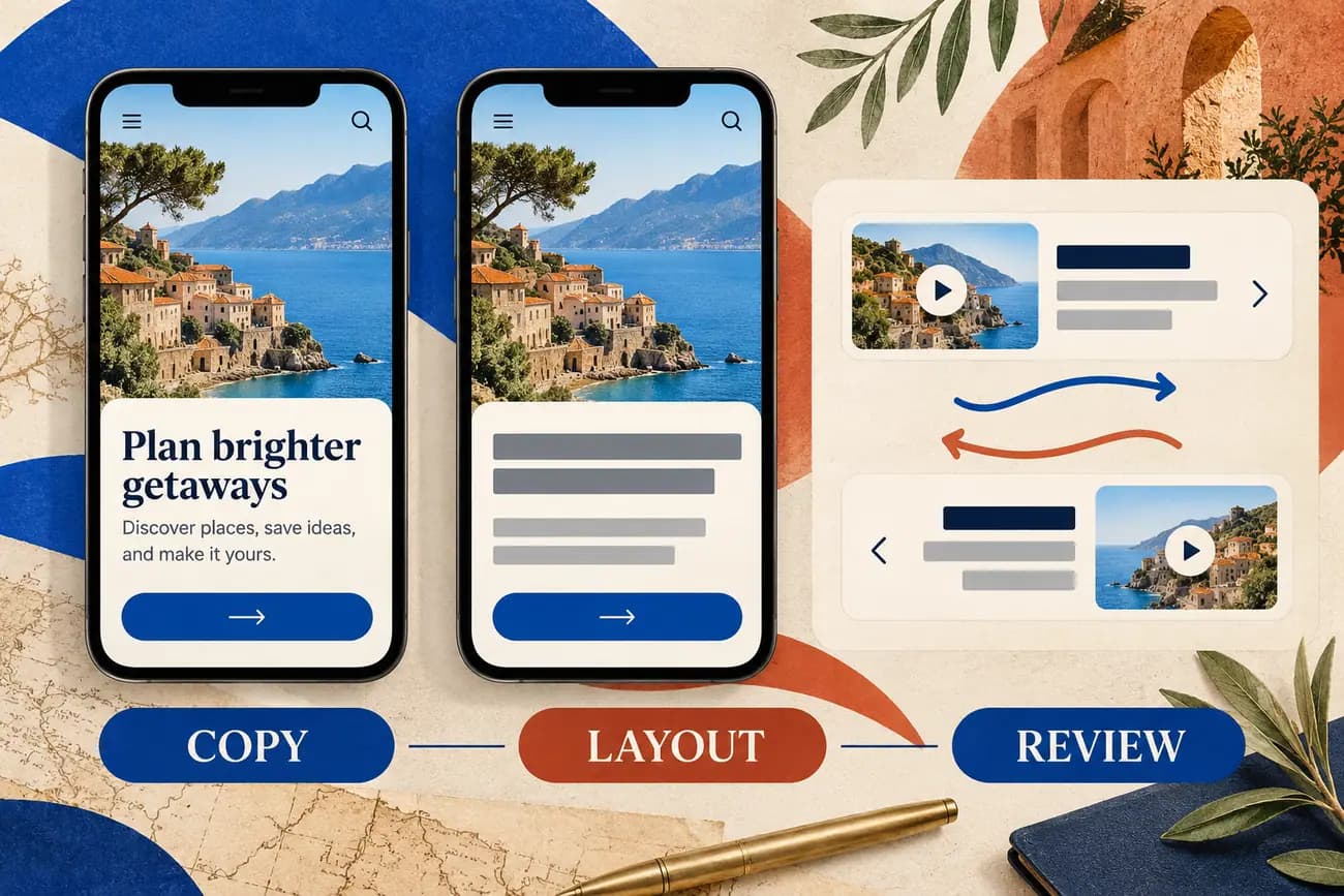 A conceptual localization review separates translated copy, layout adaptation and elements that should not be mirrored.