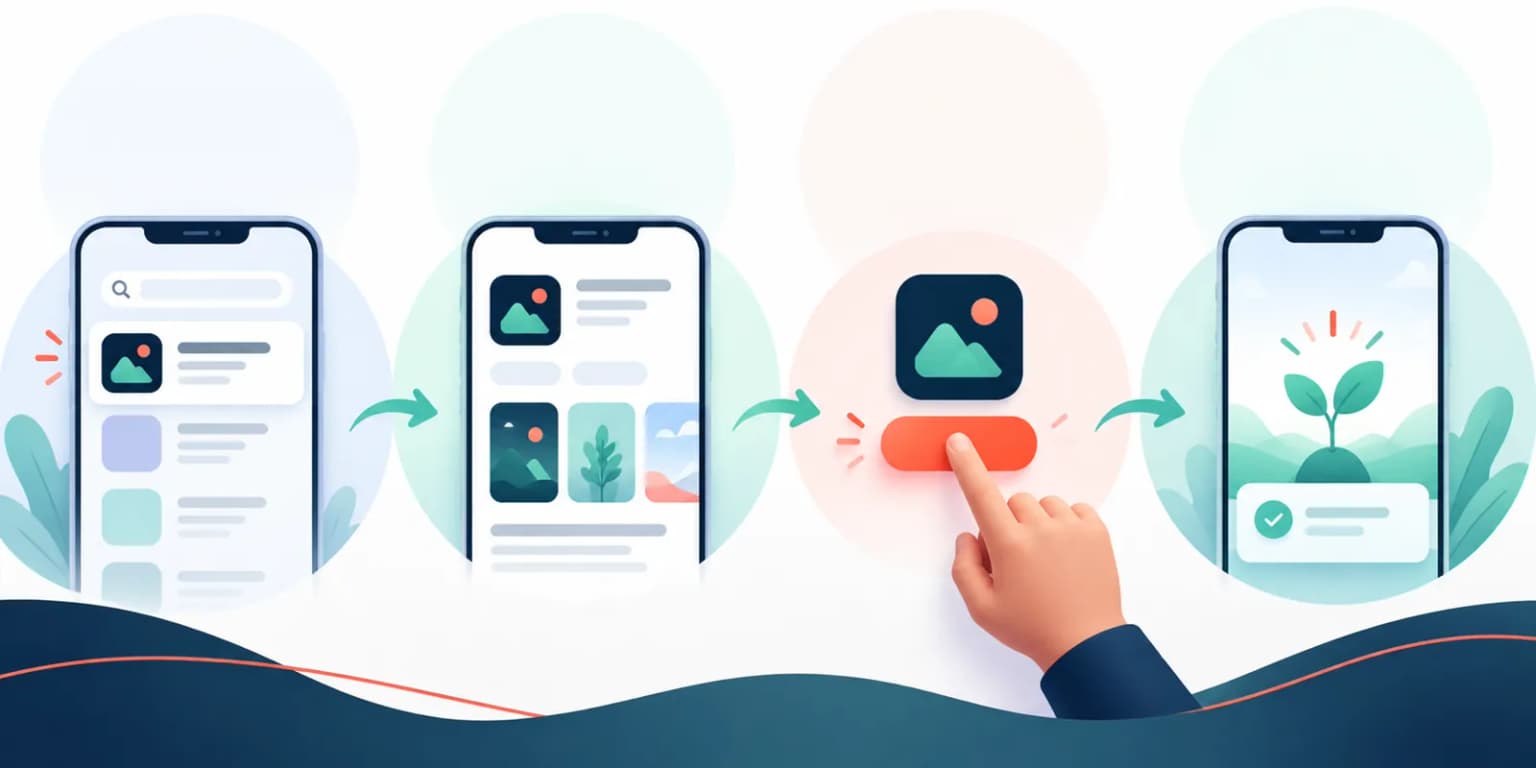 Illustrative path from search appearance through product page, download and first successful app action.