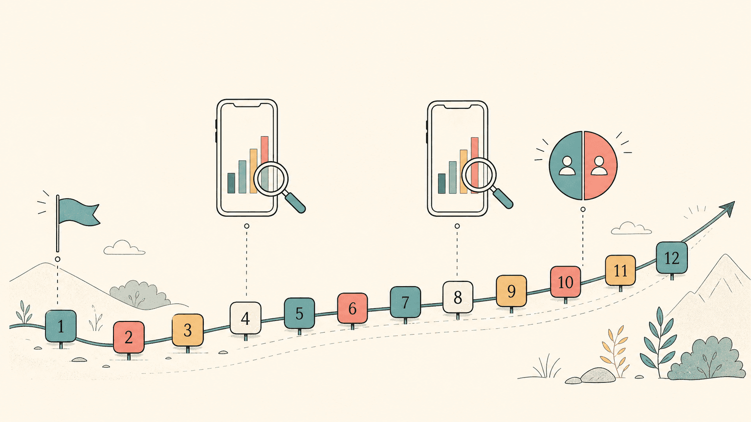 Editorial illustration of a 12-week post-launch ASO timeline