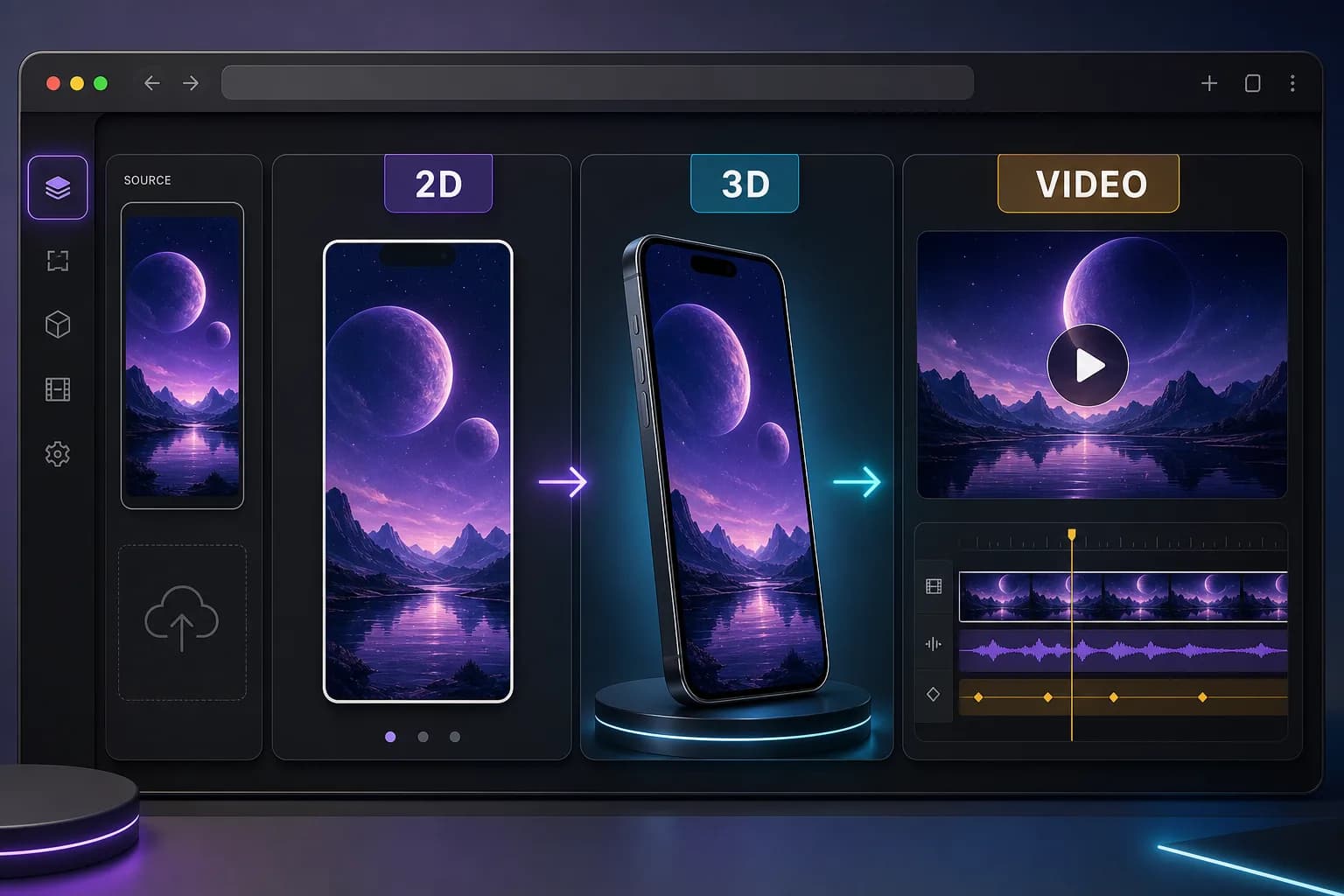 Previewed-style workflow from a 2D app screen to a 3D mockup and video