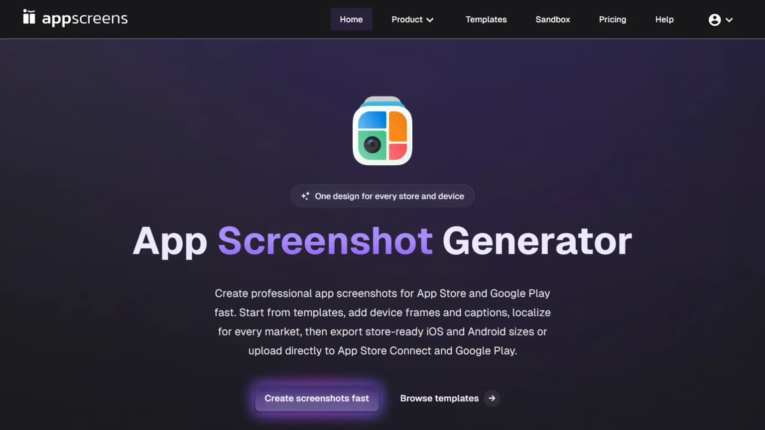 AppScreens homepage with the headline App Screenshot Generator and One design for every store and device tagline.